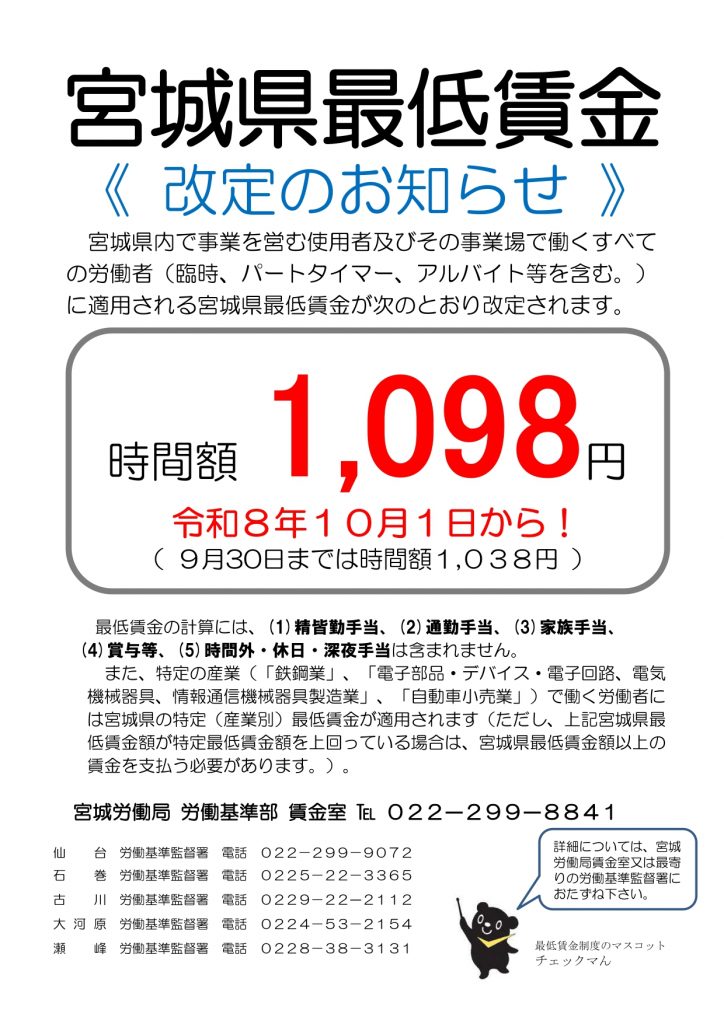 宮城県最低賃金の改定について